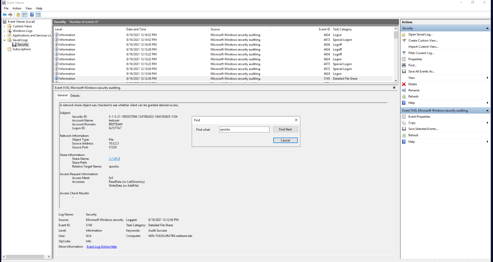 Security log event 5145 showing printuser accessing spoolss over \\\\\*\\IPC\$ from 10.0.2.5