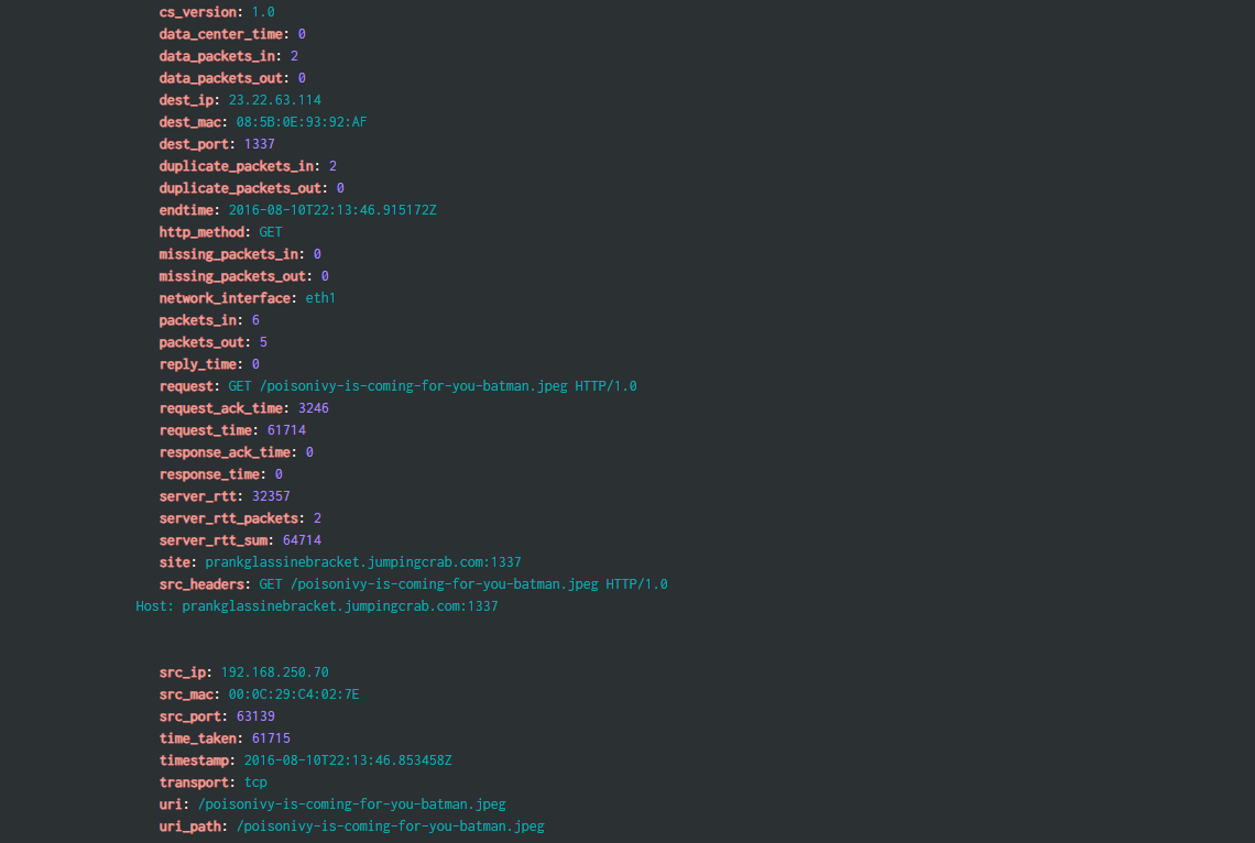 stream:http events from the web server, the GET for poisonivy-is-coming-for-you-batman.jpeg at the top