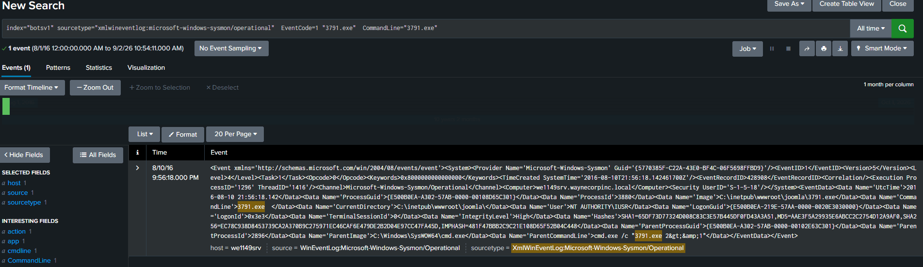 Raw Sysmon event XML for 3791.exe with the MD5 hash visible in the Hashes field