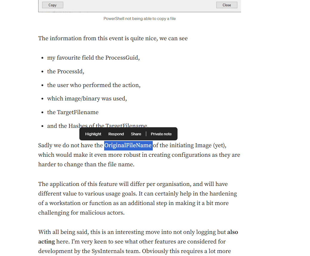 Olaf Hartong's Sysmon 14 article with OriginalFileName highlighted