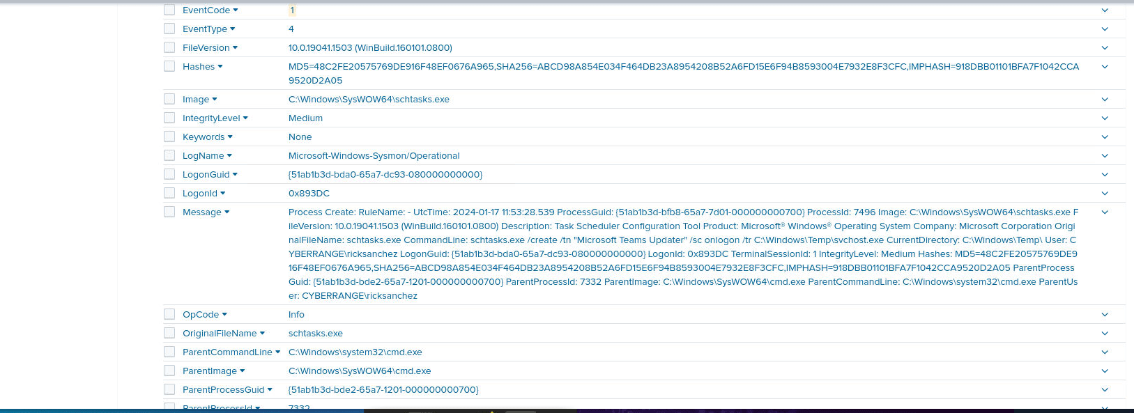 The schtasks.exe event creating the task, with the full command line in the Message field