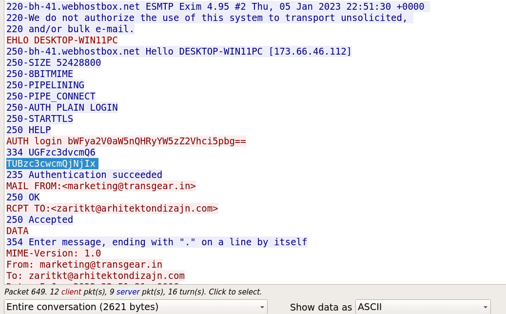 The stream with the base64 password selected