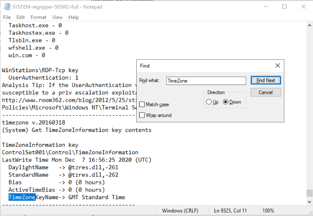 Timezone entry found in the SYSTEM registry file