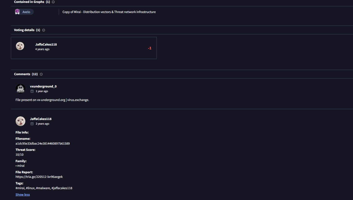 VirusTotal Community tab: comment listing family mirai, threat score 10/10