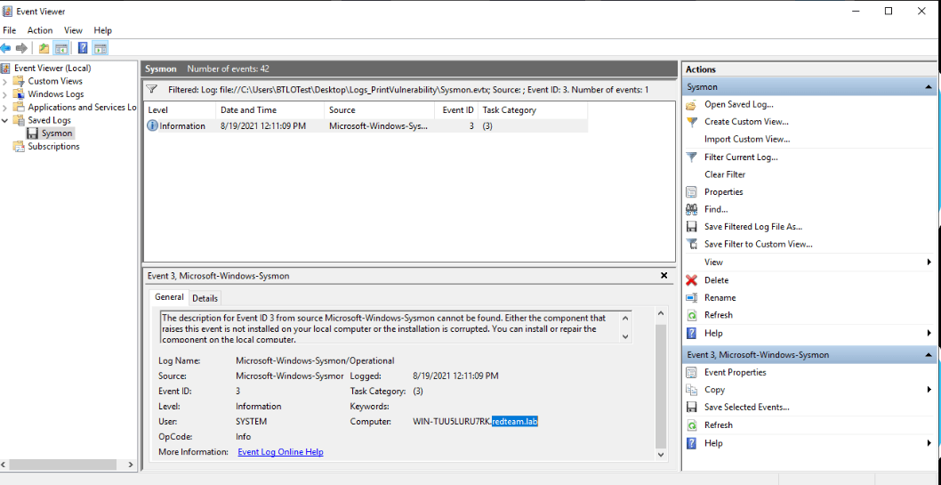 Event Viewer filtered to the single Sysmon network-connection event, with redteam.lab visible in the Computer field