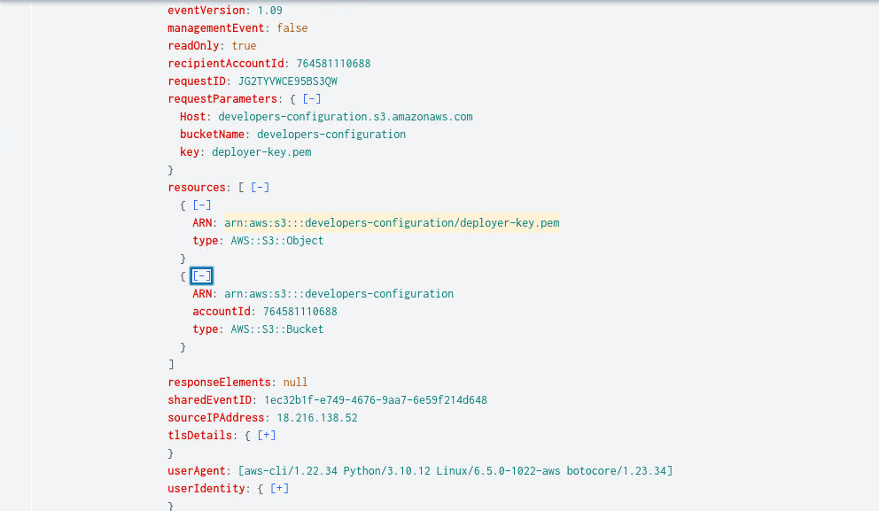 GetObject events showing the files downloaded from the bucket