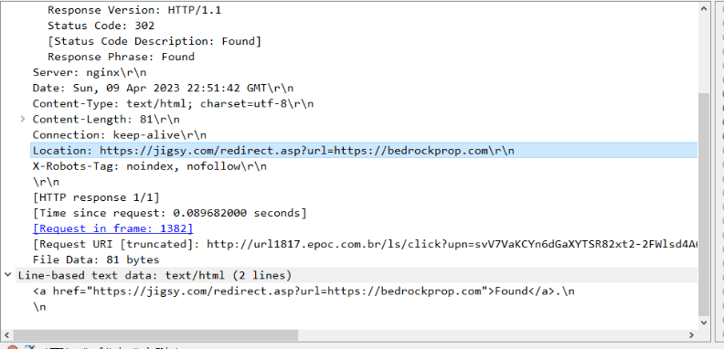 Wireshark, the Location header pointing at jigsy.com/redirect.asp