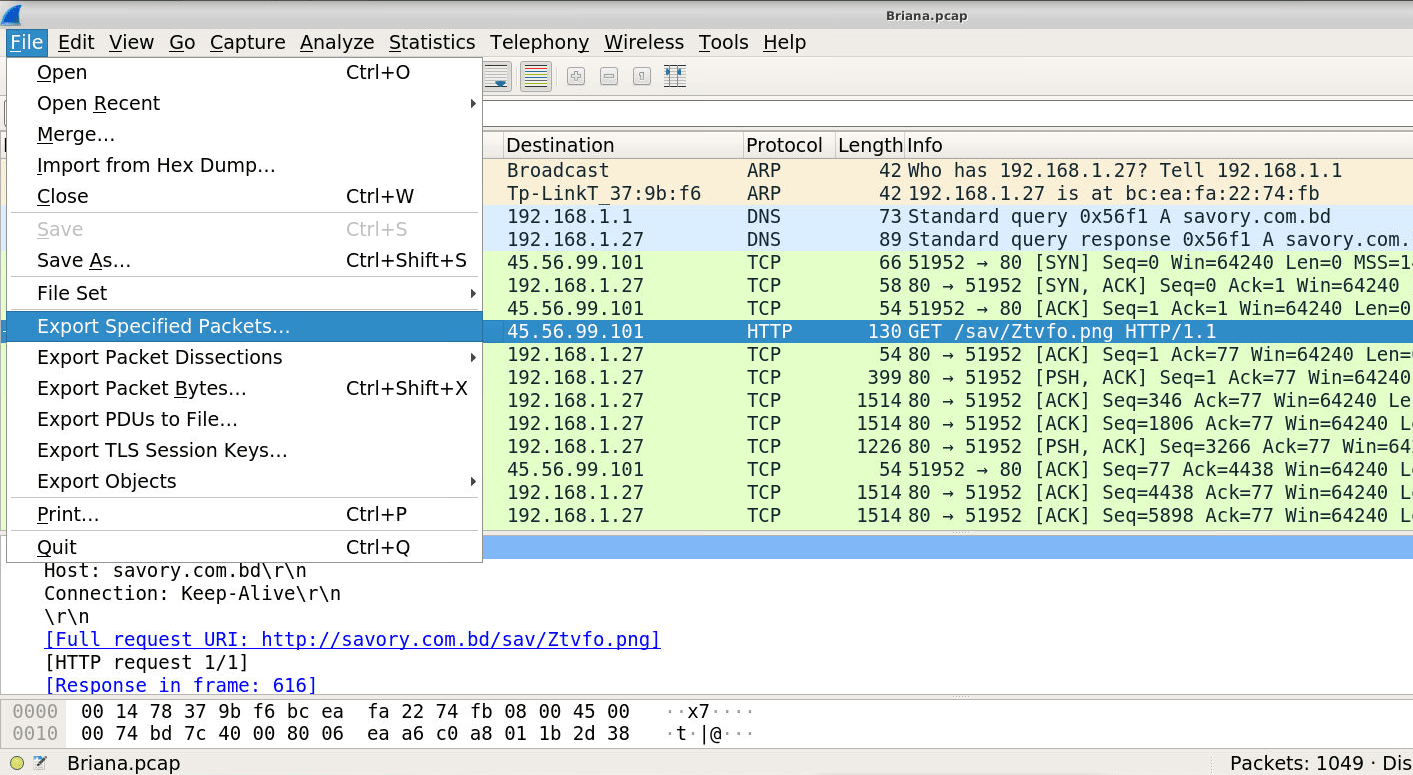Wireshark File menu over the GET packet, export options visible