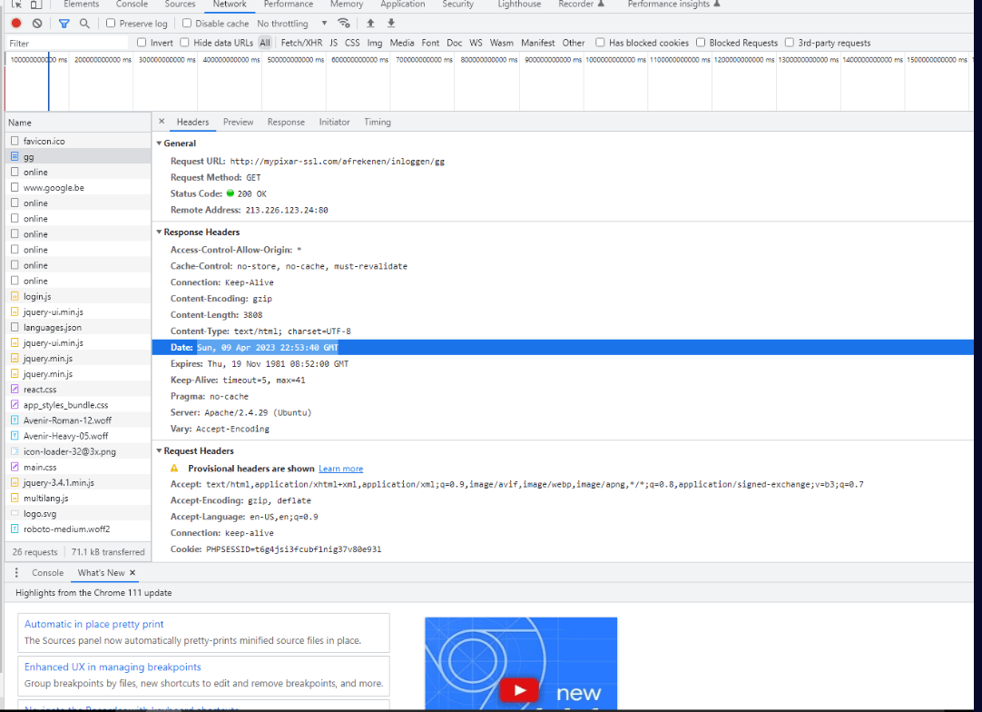 Chrome DevTools with the HAR loaded, the gg request's response headers, Date: Sun, 09 Apr 2023 22:53:40 GMT