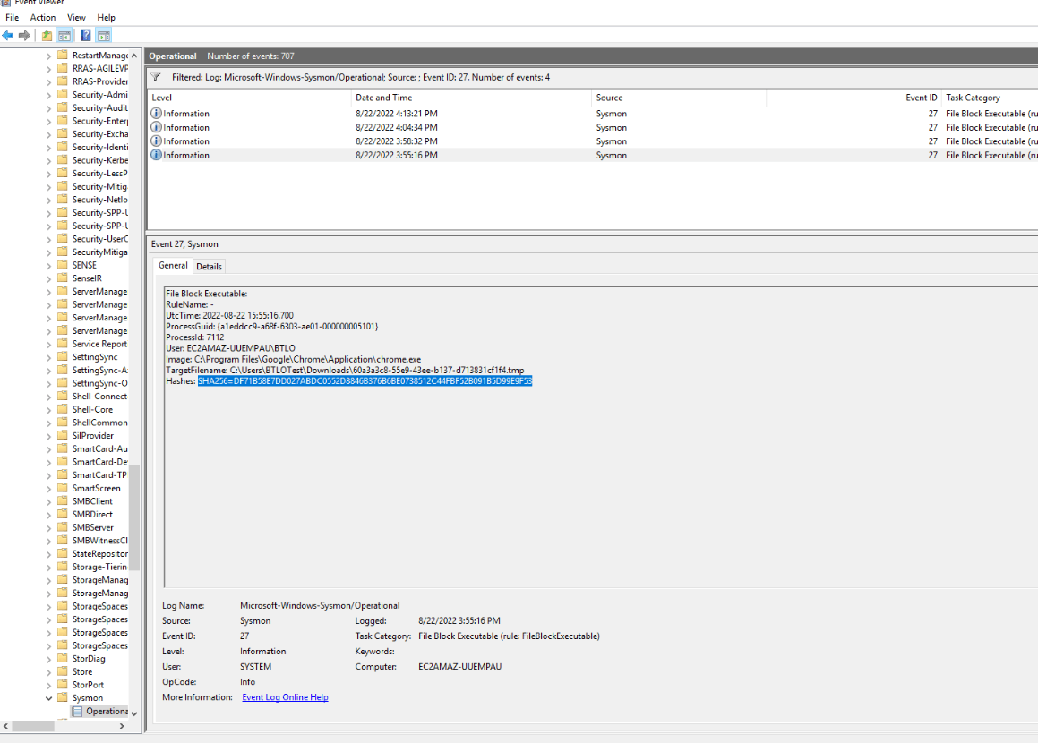 Same first event with the SHA256 hash selected, ready to paste into URLHaus