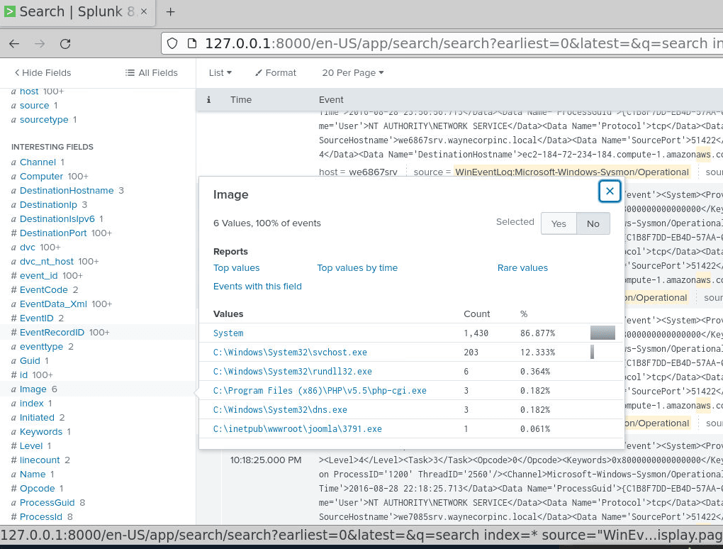The Image interesting field, listing the executables behind the connections