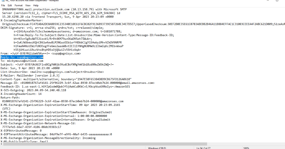 Email source in Notepad, checking the Reply-To header
