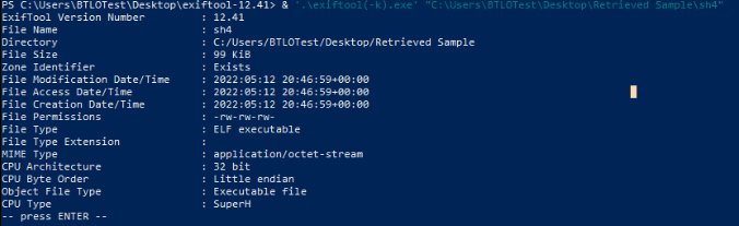 ExifTool output for sh4: File Type ELF executable, CPU Architecture 32 bit, CPU Type SuperH