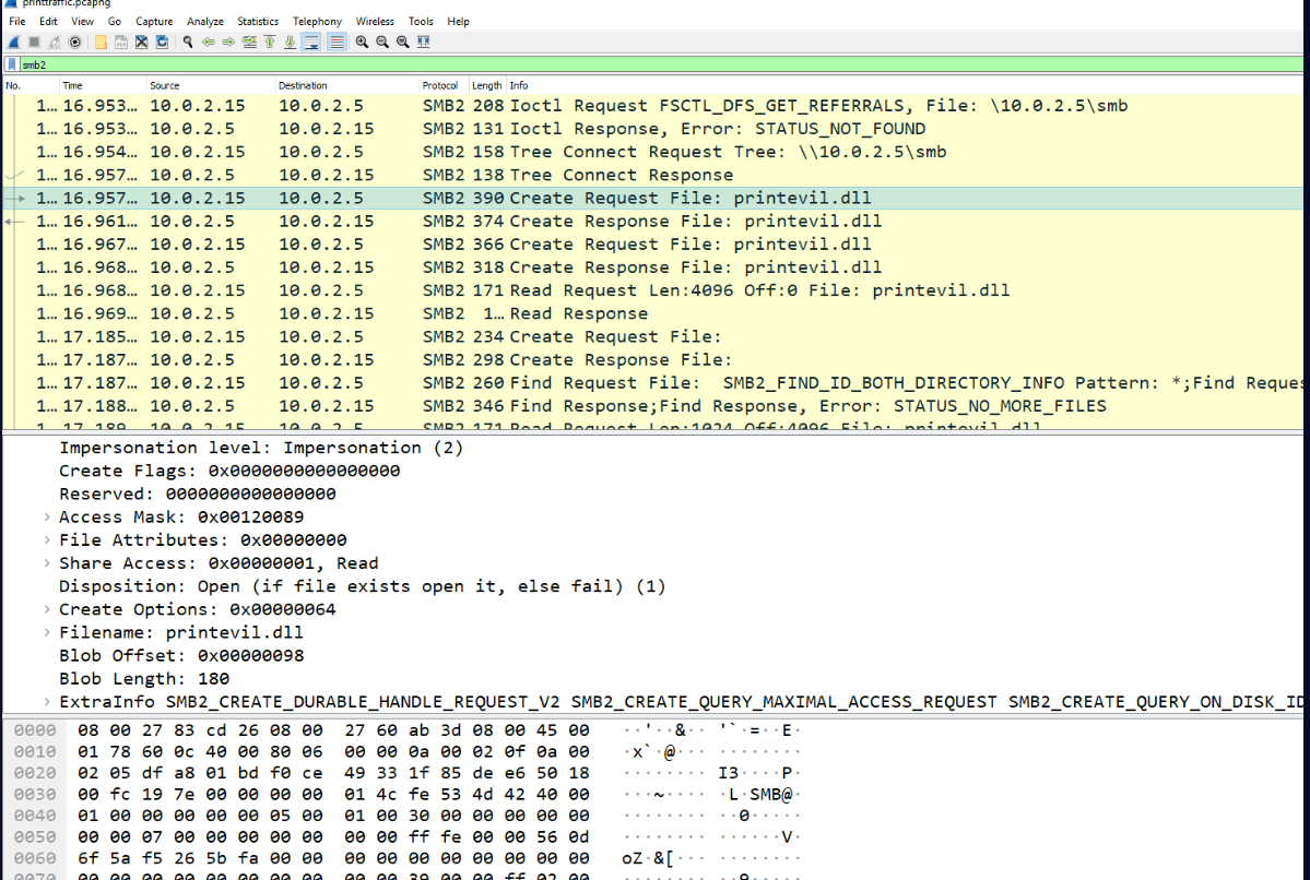 Wireshark with the smb2 filter, showing the SMB2 Create Request for printevil.dll and the filename in the detail pane