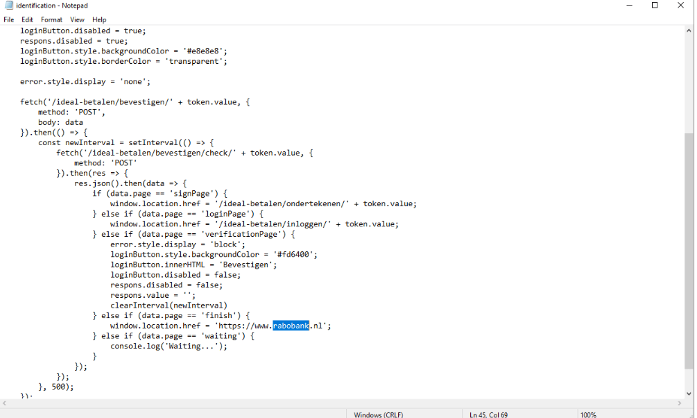 identification.js in Notepad, the redirect to rabobank.nl selected